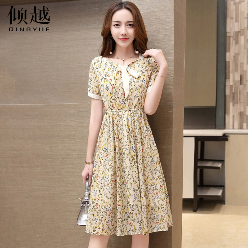 傾越碎花印花連衣裙女夏短袖蝴蝶結百褶a字裙2017春裝新款裙子潮