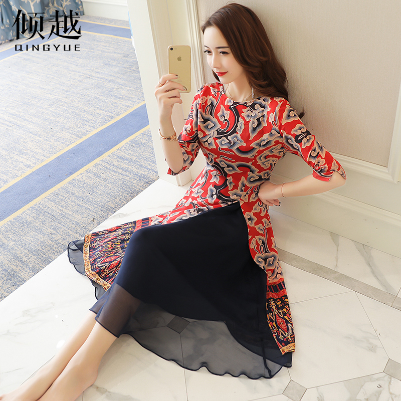 傾越2017夏季新款女裝連衣裙中長款修身民族風印花旗袍裙子套裝裙