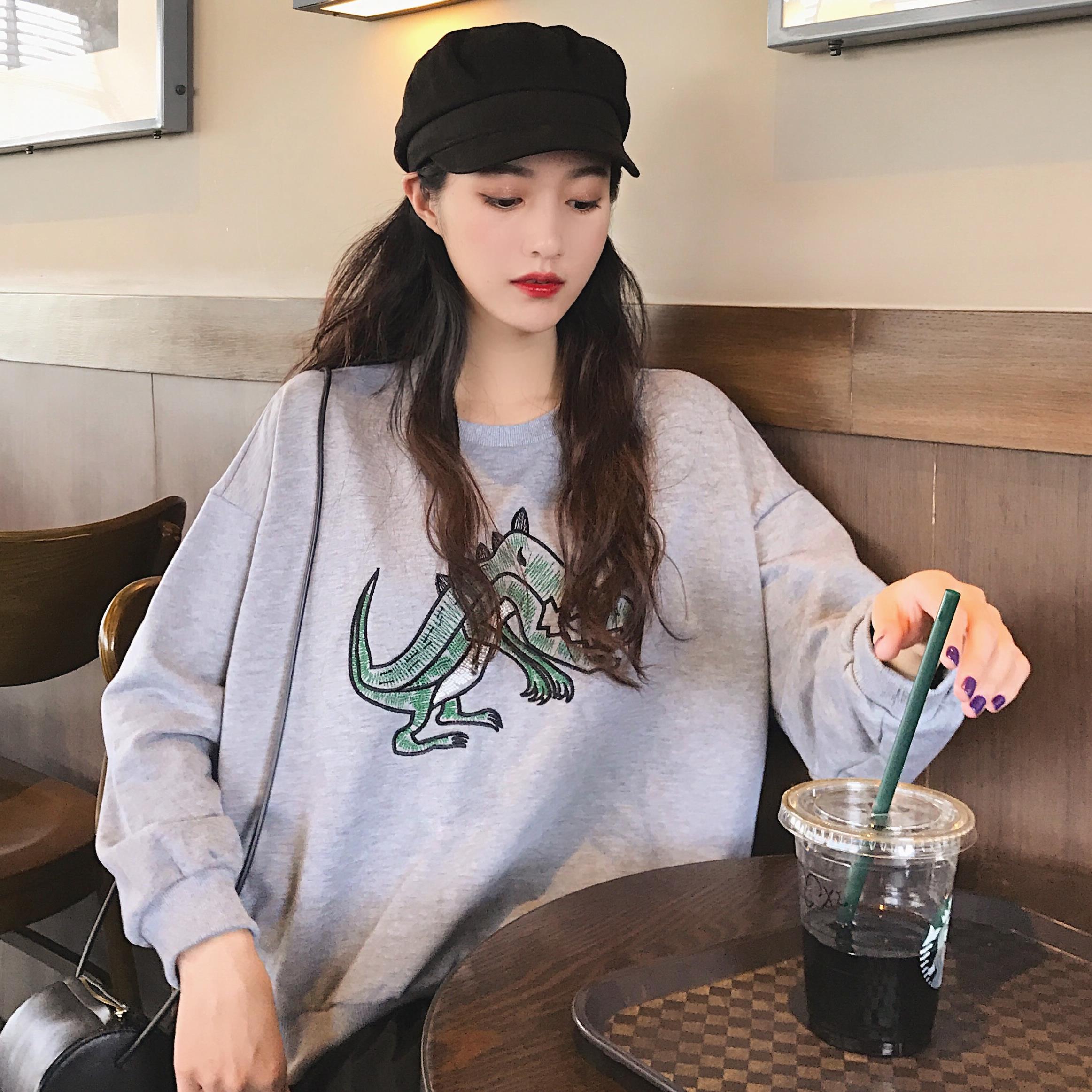 韓版寬松ins超火上衣學生恐龍刺繡加絨套頭怪味少女衛衣女秋冬季