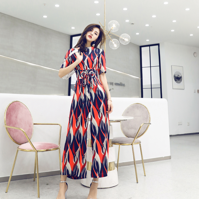 名媛氣質2018夏季新款印花短袖九分闊腿收腰顯瘦網紅溫柔連體褲女