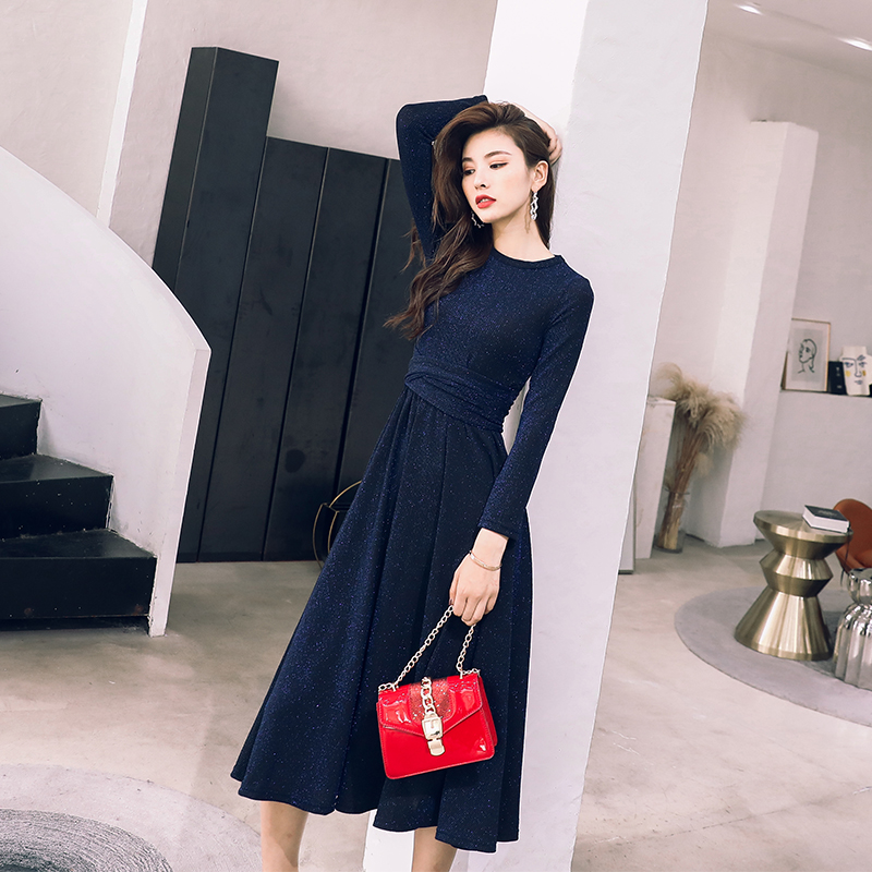 名媛氣質秋裝女2018新款打底裙收腰復古長裙長袖修身針織連衣裙潮