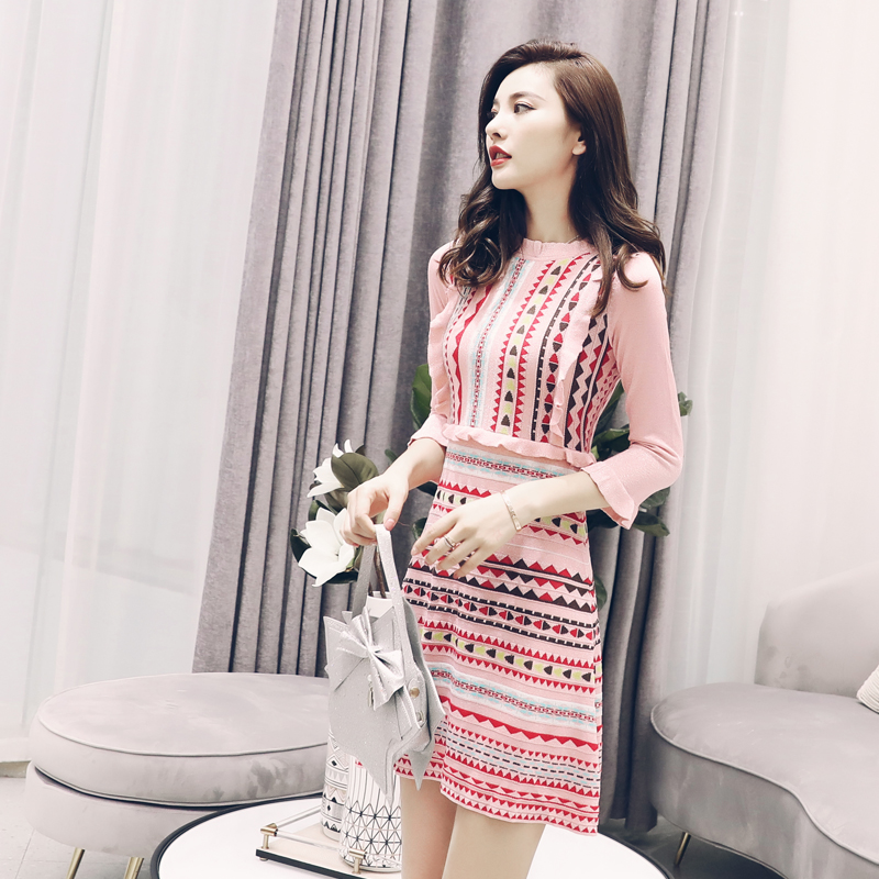 連衣裙女夏2018新款韓版名媛氣質顯瘦七分袖木耳邊針織裙子