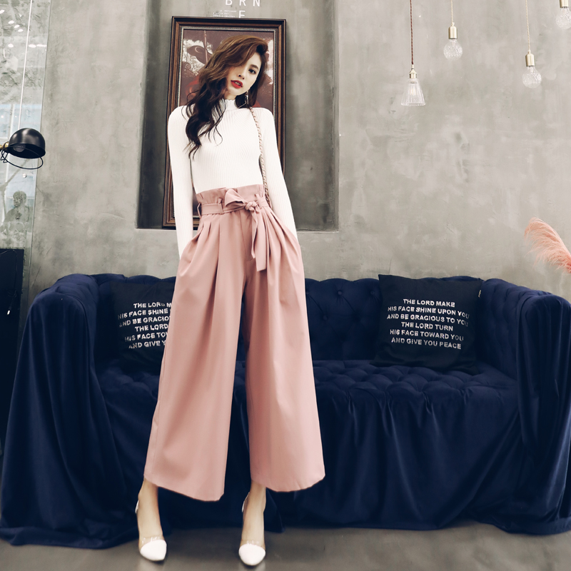 早秋季2018新款網紅氣質女神俏皮洋氣針織衫時尚闊腿褲兩件套裝女