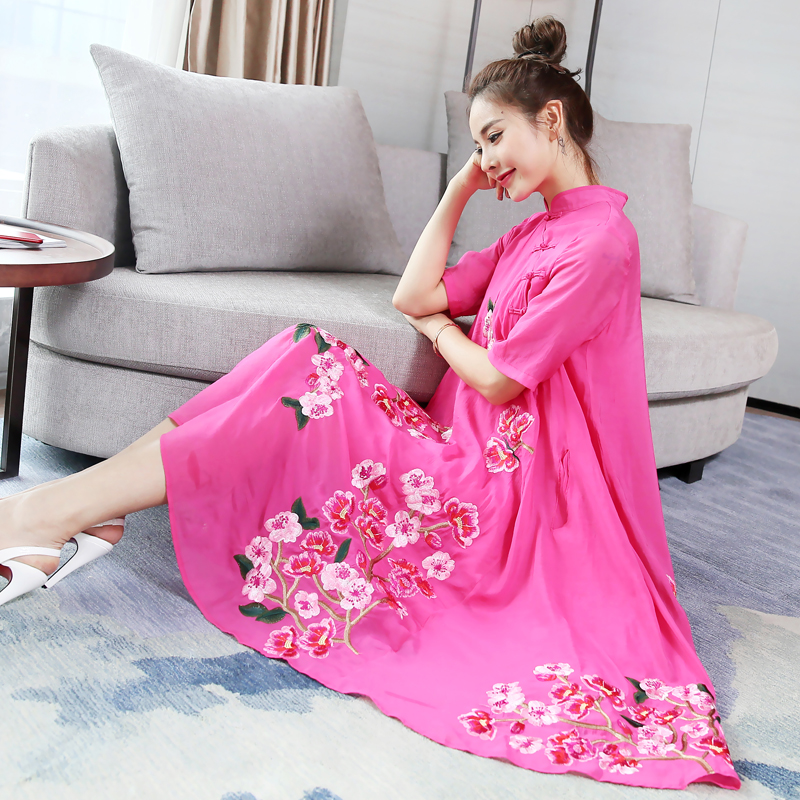 復古2018春夏季寬松繡花大擺日常連衣裙改良時尚氣質旗袍式中長款