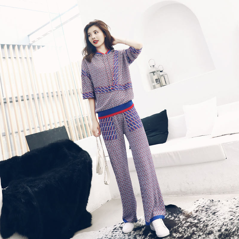 洋氣港味2018秋季新款網紅兩件套闊腿褲連帽休閑運動針織套裝女