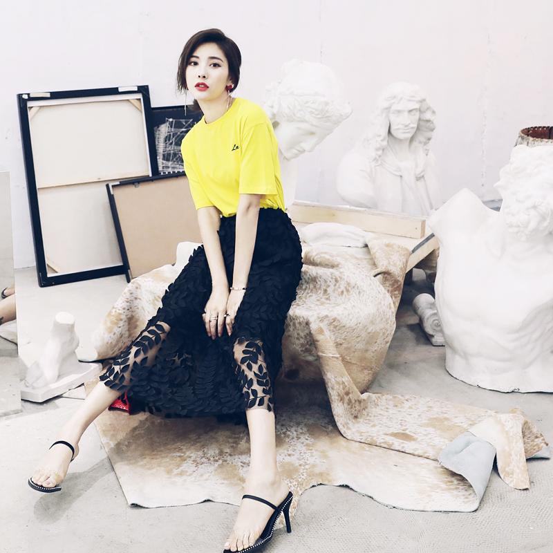 S秀時尚葉子網紗蕾絲半身裙女夏新款清爽上衣兩件套連衣裙套裝