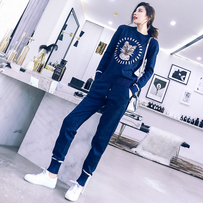 名媛氣質休閑時尚套裝女2018秋裝新款長袖毛衣小腳褲長褲針織兩件