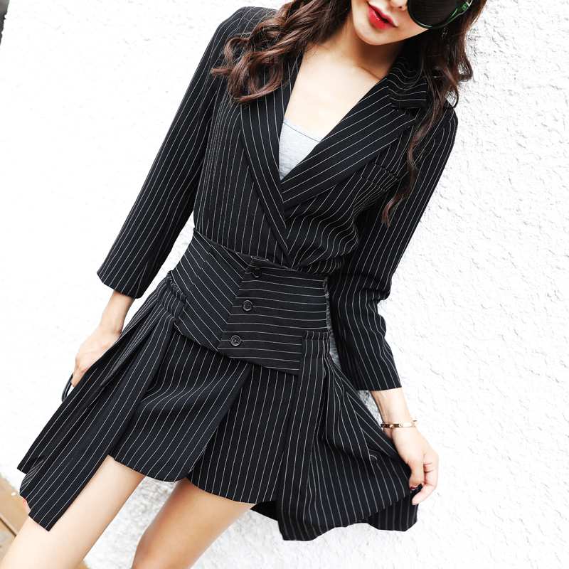 名媛氣質條紋套裝2018春季新款女時尚修身西裝外套半身裙兩件套潮