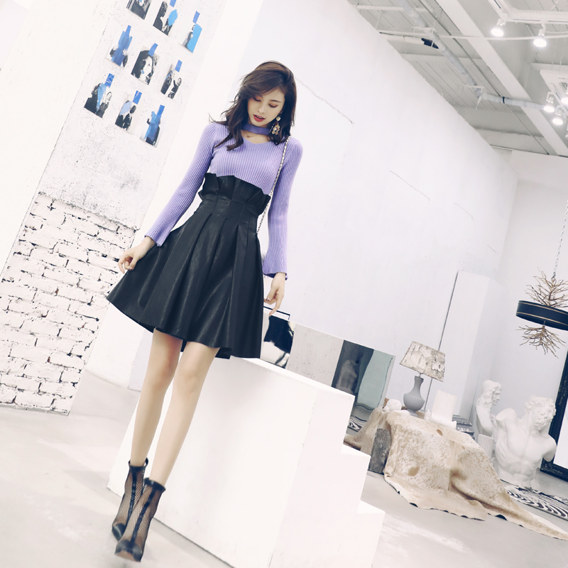 名媛氣質2018秋冬季高腰皮裙女針織打底衫網紅半身裙洋氣兩件套裝
