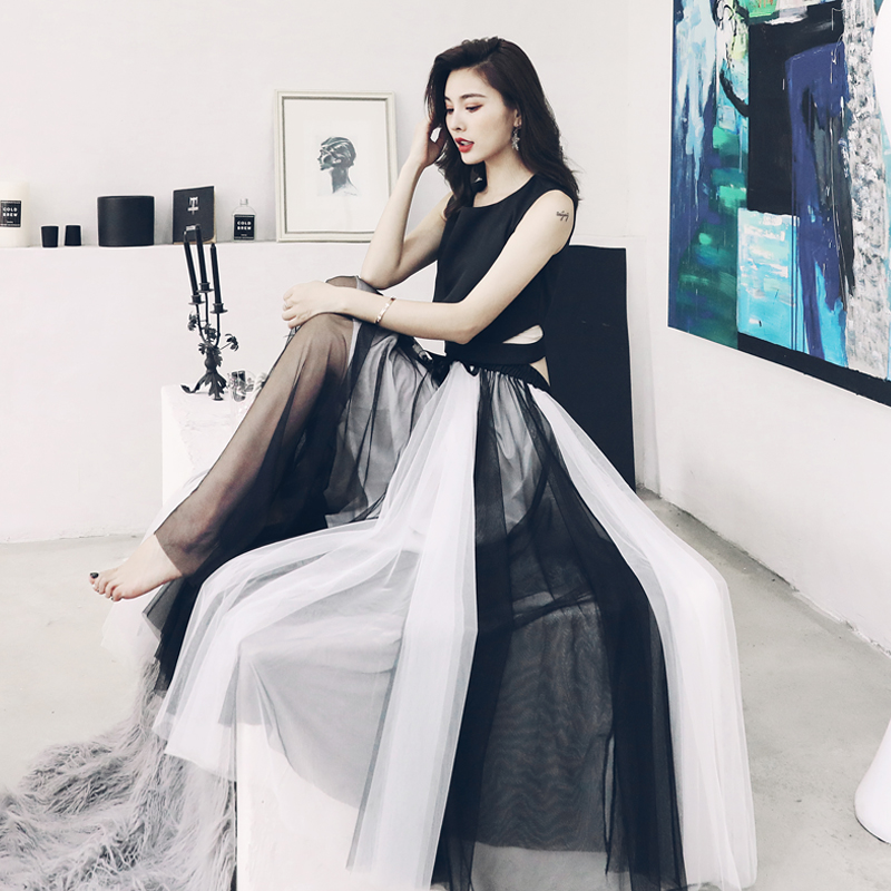 溫柔名媛歐洲站無袖上衣套裝女裝夏2018新款時尚網紗長裙兩件套潮