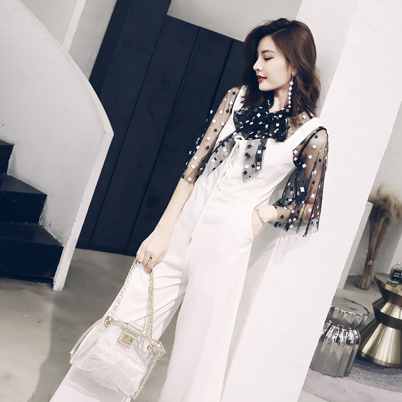 俏皮套裝女兩件夏韓版氣質網紗中袖上衣打底衫白色高腰背帶連體褲