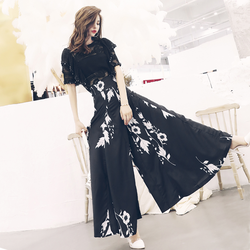 名媛氣質印花褲子2018新款鏤空上衣垂感高腰長褲闊腿褲夏兩件套裝