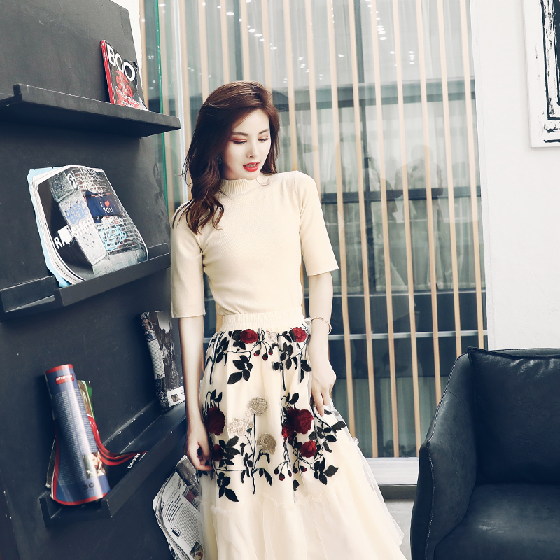 歐洲站名媛氣質針織紗半裙七分袖兩件套連衣裙女秋2018新品