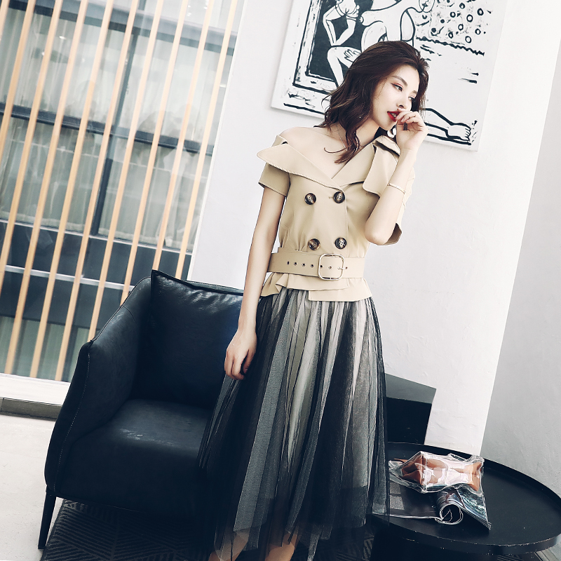 溫柔名媛歐洲站露肩上衣套裝女夏2018新款時尚網紗半身裙兩件套潮