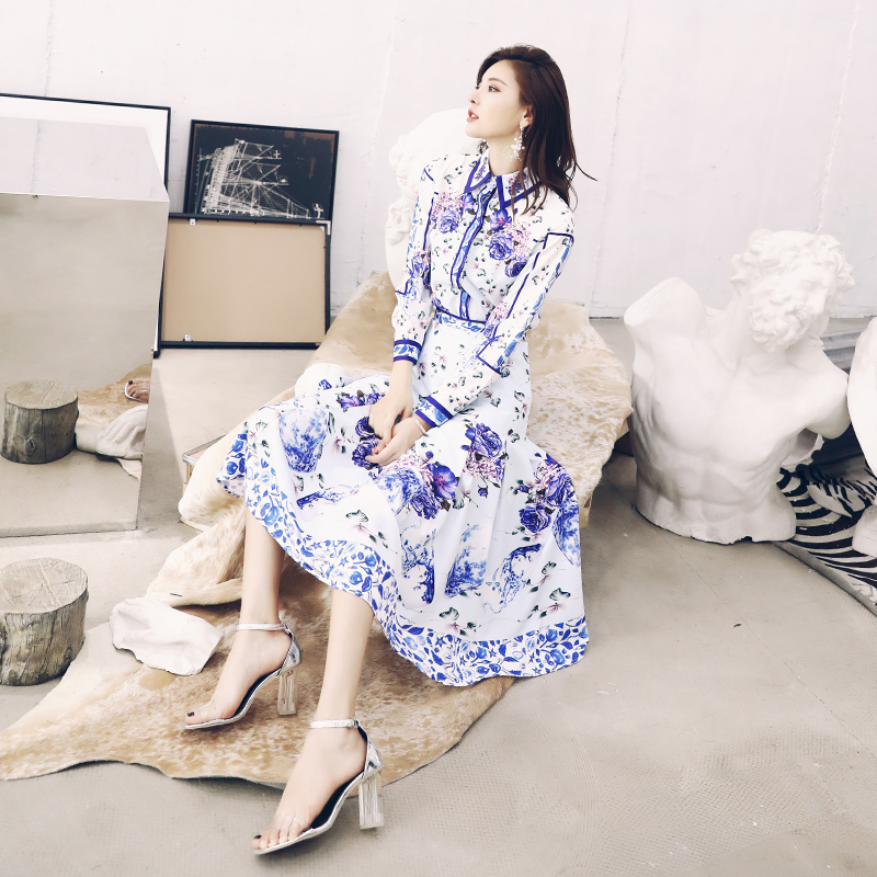 網紅港味名媛氣質復古印花顯瘦長袖印花襯衫百褶半身裙兩件套裝女