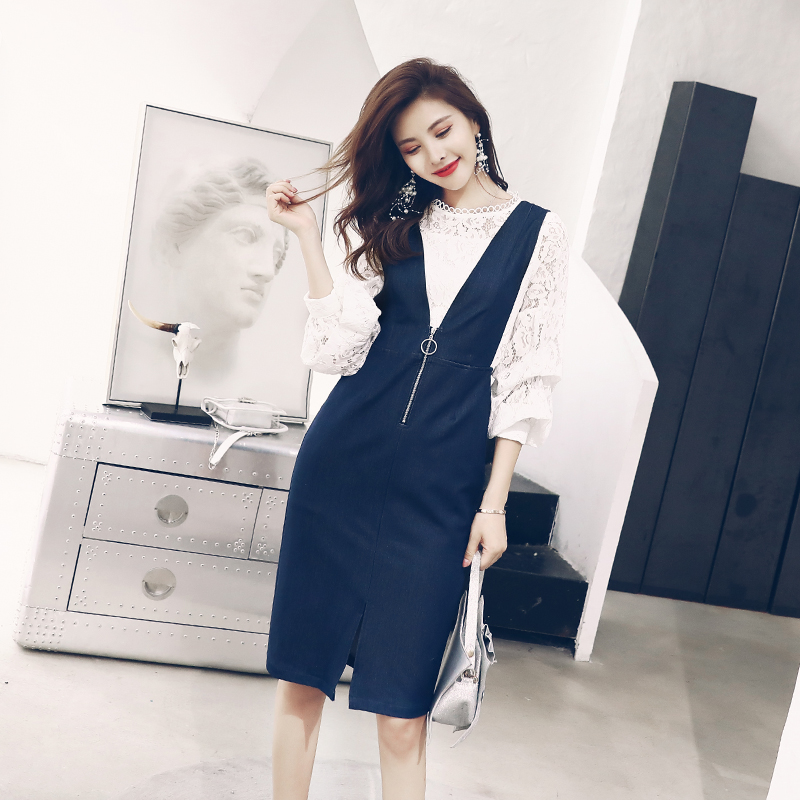 s秀時尚背帶裙2018夏季新款寬松網紗上衣背帶連衣裙套裝女兩件套