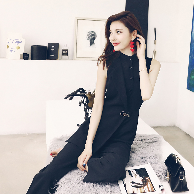 夏裝女不規則赫本職業連衣褲chic顯瘦高腰吊帶黑色連體闊腿褲套裝