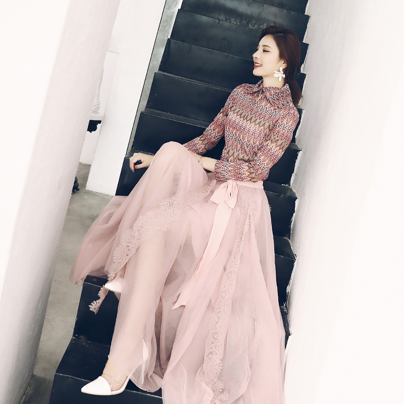 名媛氣質套裝女秋女神范復古港味長袖上衣蕾絲網紗拼接長裙子潮