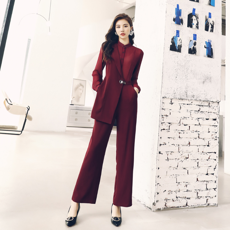 歐洲站秋裝女2018新款歐貨潮透視西裝領拼接不規則長袖連體闊腿褲