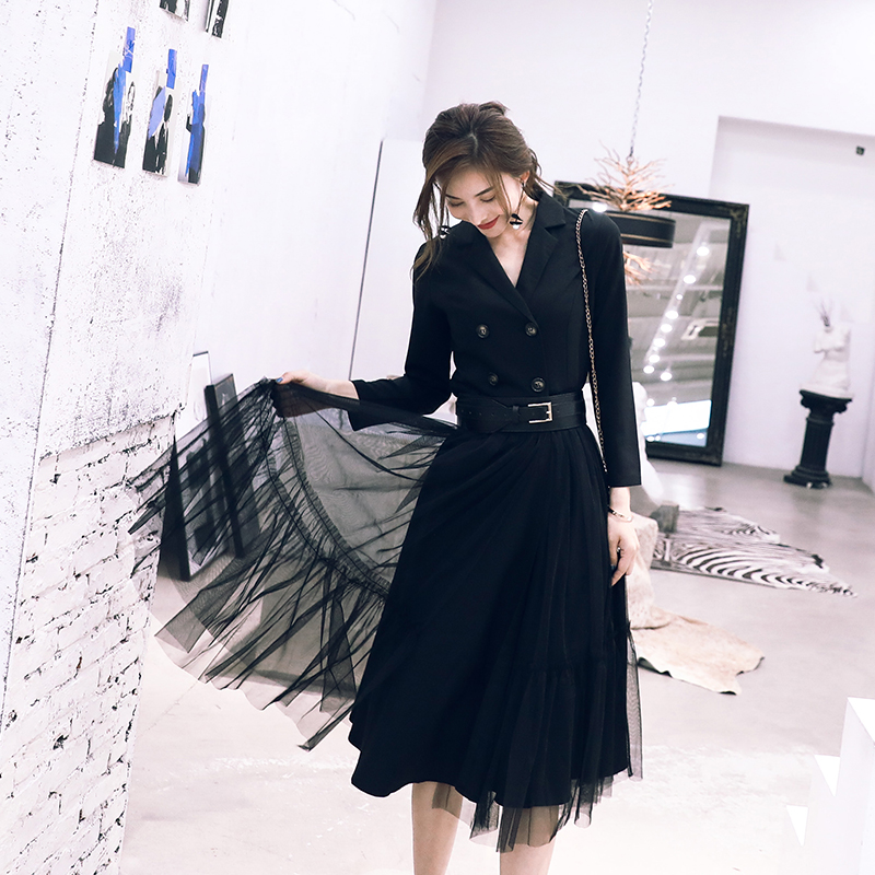 中長款V領連衣裙2018秋裝女新款韓版系帶排扣風衣網紗半身裙套裝