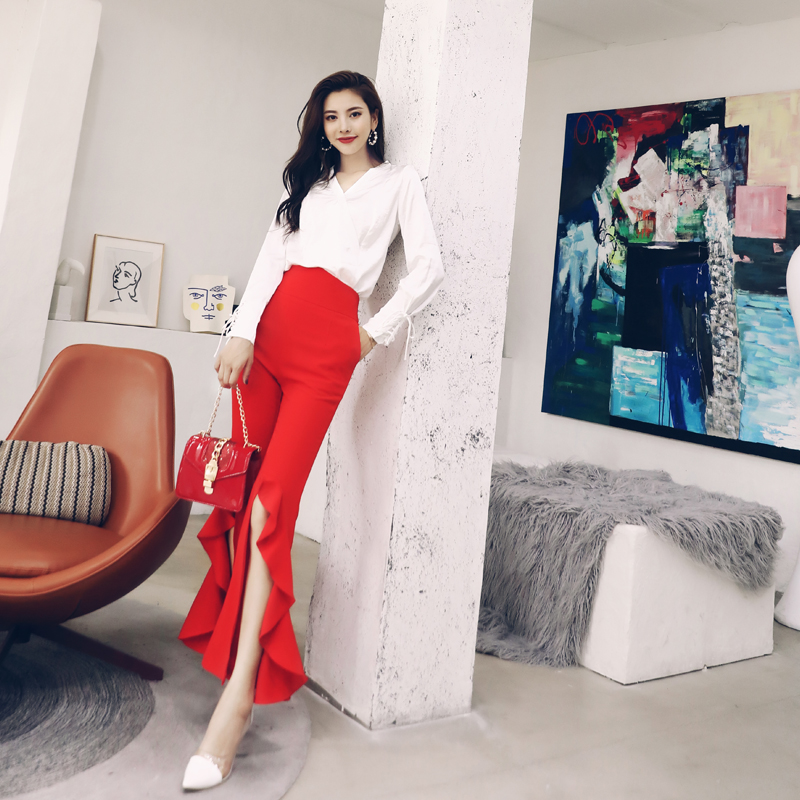 港味復古chic風新款韓版V領長袖襯衣高腰顯瘦喇叭褲時尚氣質套裝