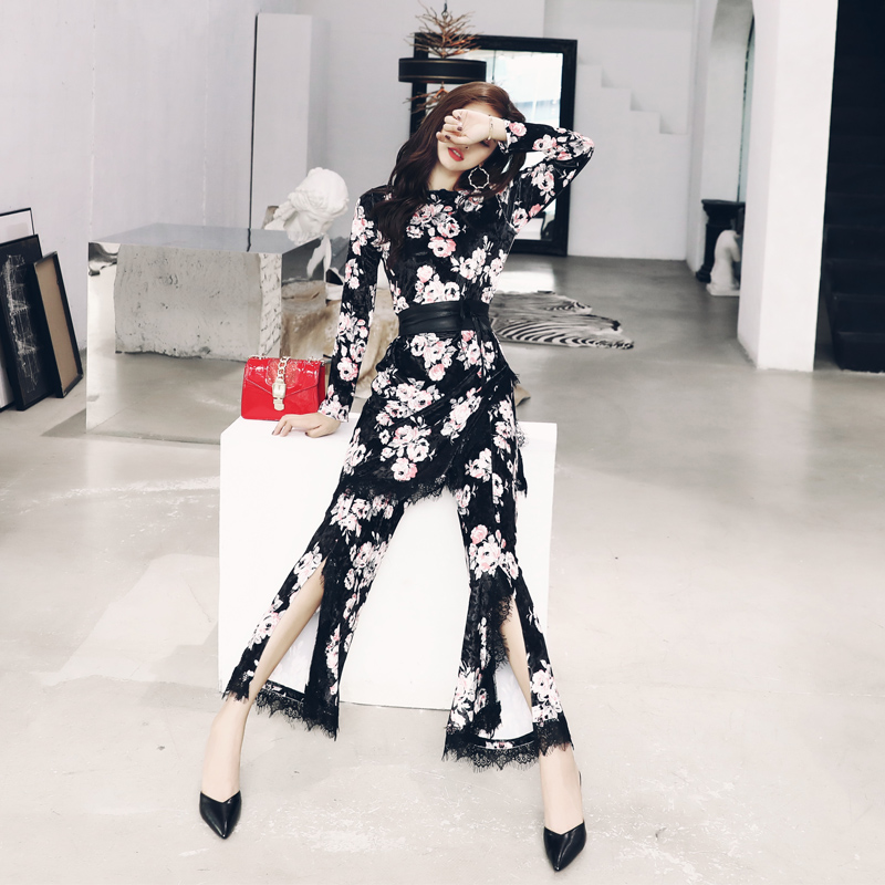 絲絨套裝女收腰上衣印花開叉蕾絲拼接長褲名媛氣質時尚初秋兩件套