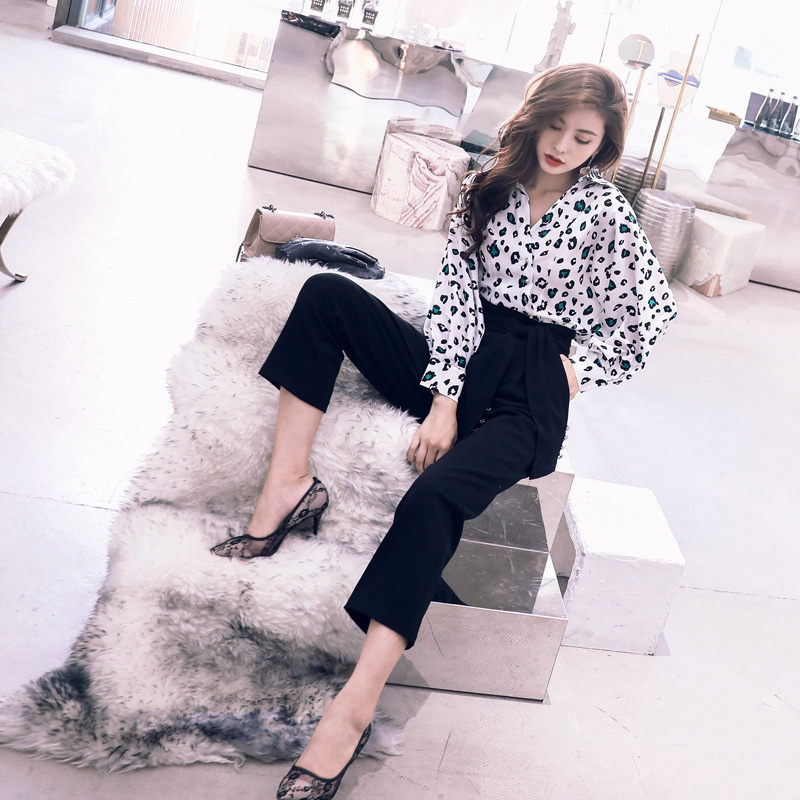 休閑名媛秋季套裝女2018長袖襯衫上衣高腰九分小腳褲子時尚兩件套