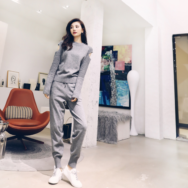 毛衣套裝女2018新款慵懶風寬松休閑收腰氣質時髦針織小腳褲兩件套