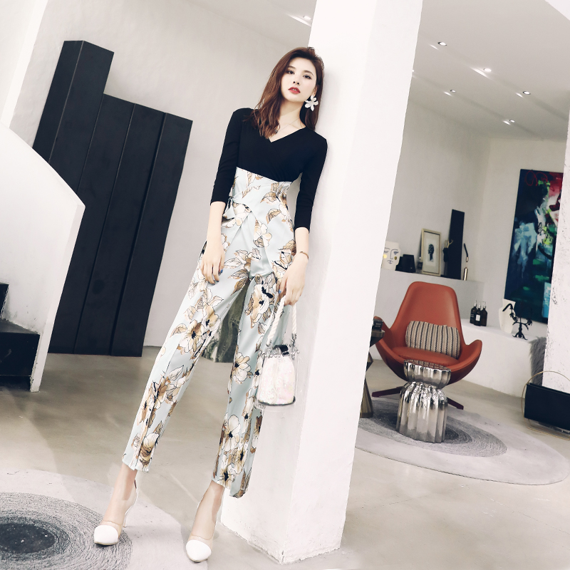 女神范2018秋季新款開叉高腰連衣褲顯瘦韓版名媛氣質連體褲子潮