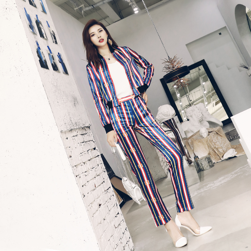 運動套裝女秋2018新款九分褲印花休閑長袖夾克俏皮洋氣時尚兩件套