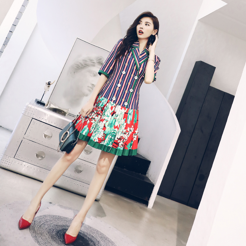 雙排扣西裝百褶連衣裙夏短款時尚OL名媛氣質中袖修身名媛職業裝