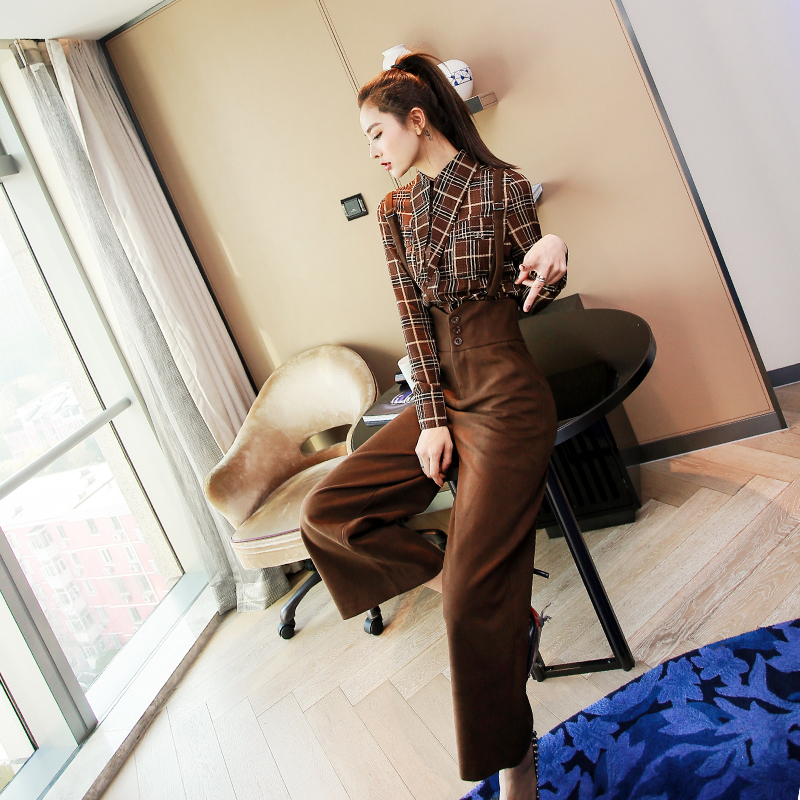 名媛氣質套裝女春秋裝時尚潮2018新款格子上衣吊帶闊腿褲兩件套