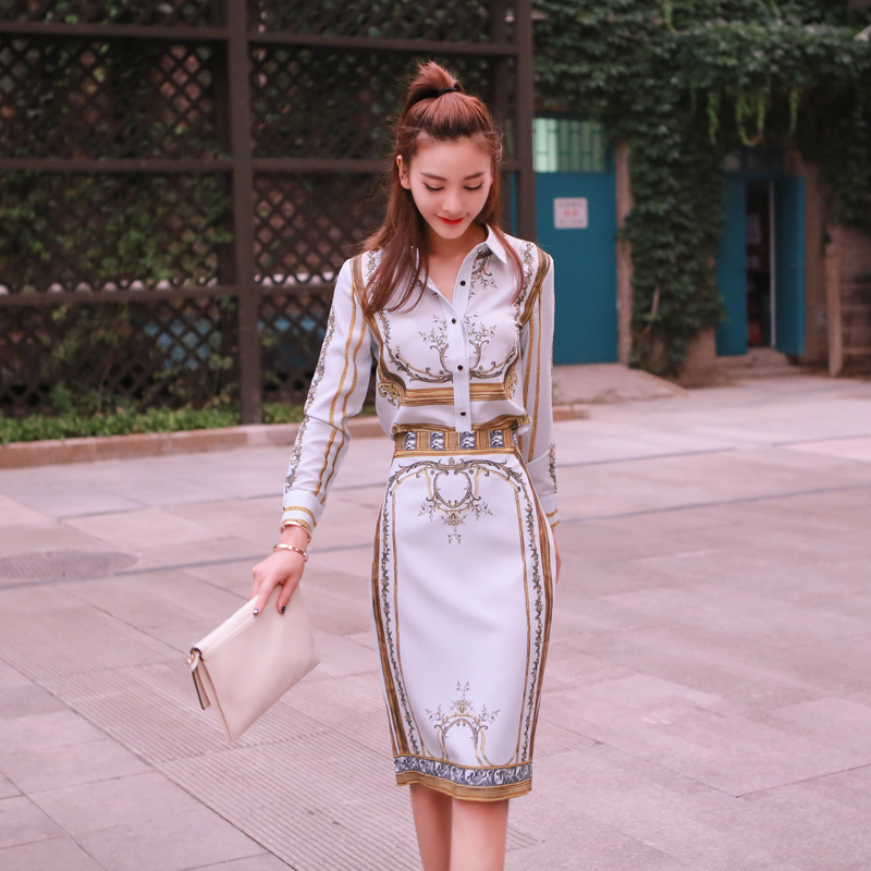 名媛氣質淑女2018新款女印花復古上衣半身裙子時髦兩件套時尚套裝