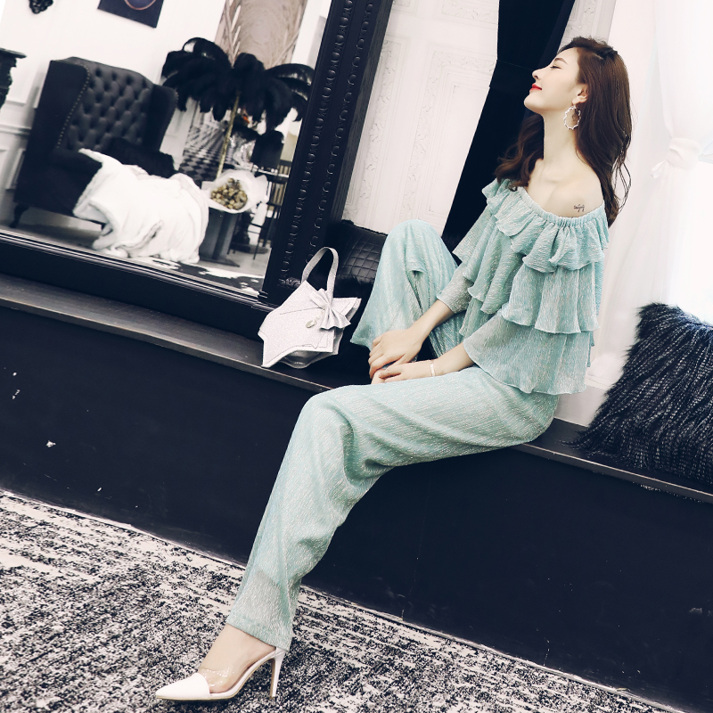 歐洲站2018新款夏裝歐貨潮休閑一字肩短袖亮絲T恤闊腿褲兩件套裝