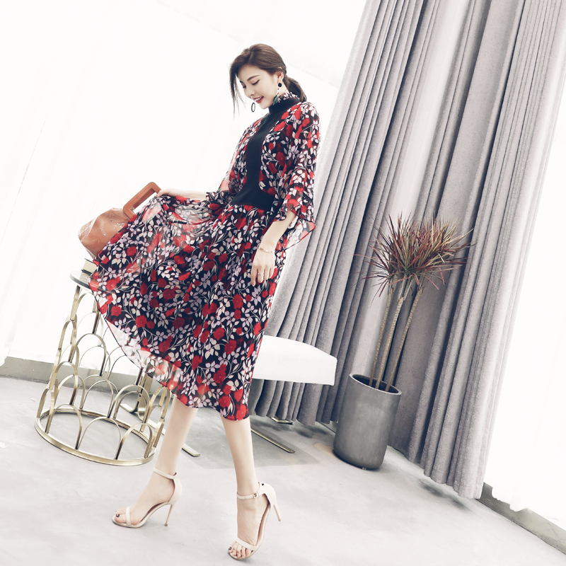 S秀2018夏裝新款復古時尚蝙蝠袖印花裙中高腰顯瘦雪紡連衣裙子