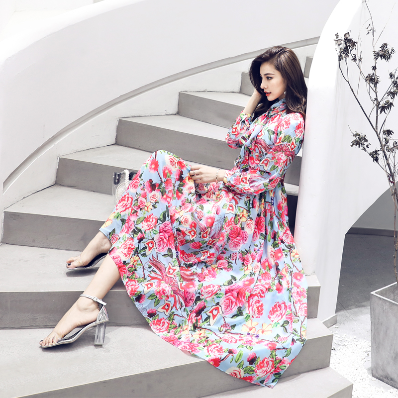 名媛氣質2018初秋新款韓版中長款印花裙子高腰雪紡長袖碎花連衣裙