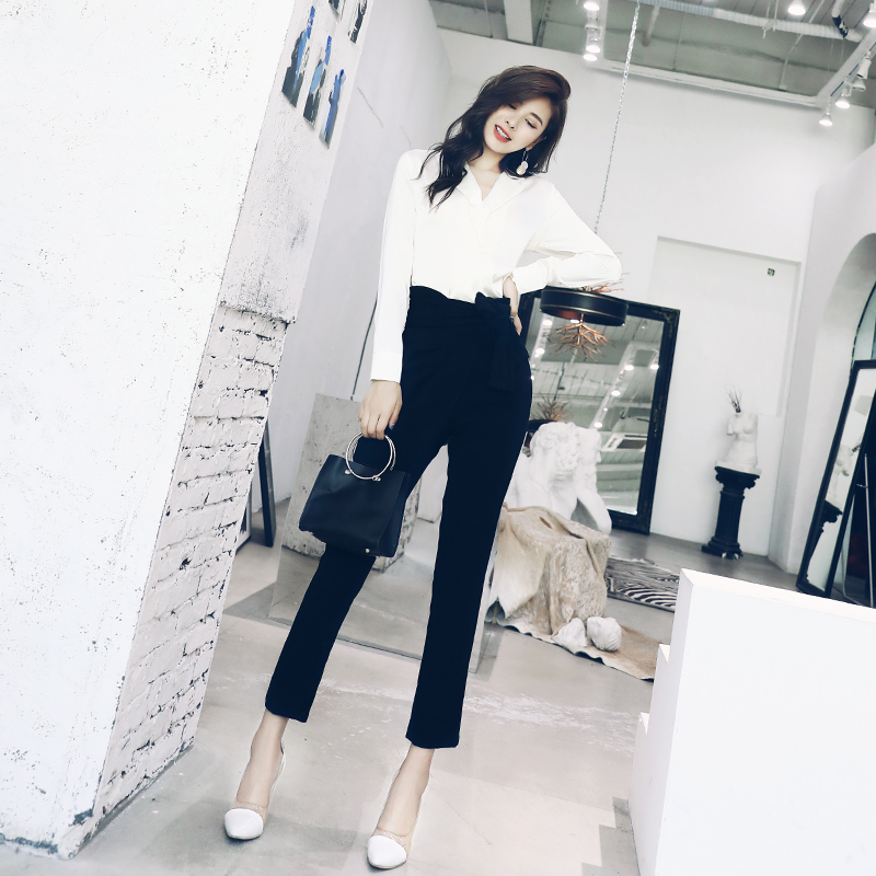 名媛氣質2018新款高腰九分小腳褲秋V領襯衫優雅OL風韓版顯瘦套裝
