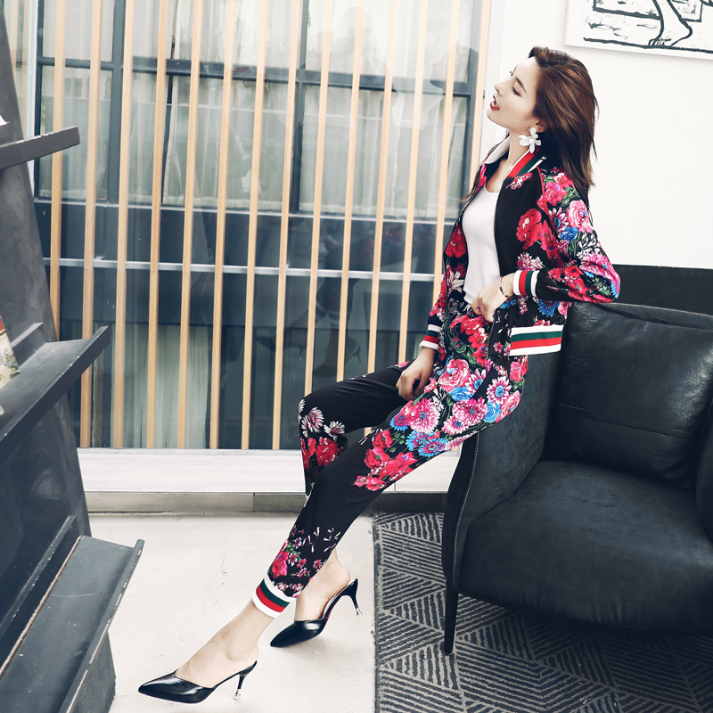 2018秋裝新款休閑套裝女復古時髦印花長袖夾克長褲時尚洋氣兩件套