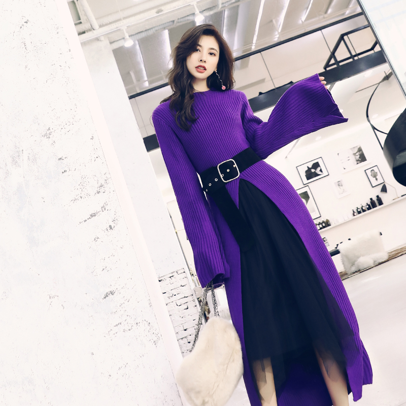 高冷范慵懶風女裝網紅針織毛衣兩件套連衣裙網紗半身裙時尚套裝潮