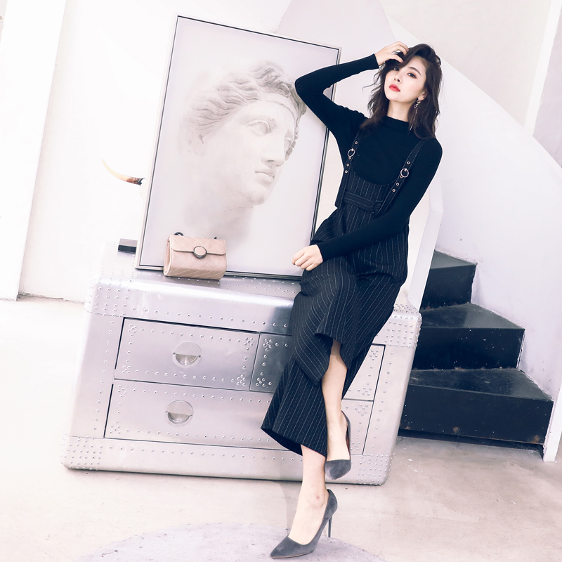 名媛氣質針織背帶褲秋裝女2018新款毛衣寬松闊腿褲子兩件套裝秋冬