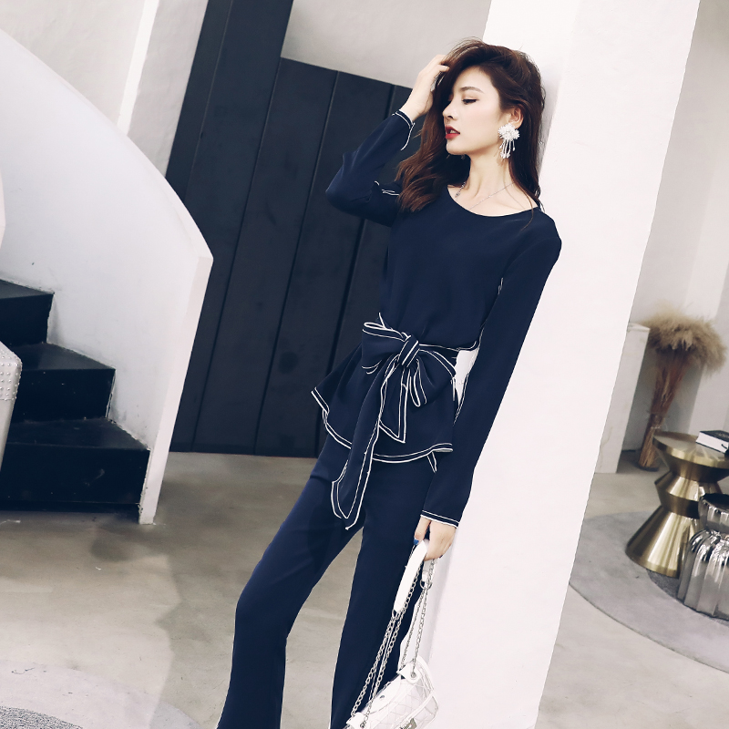 歐洲站網紅洋氣港味復古闊腿褲長袖上衣兩件套時尚套裝女2018初秋