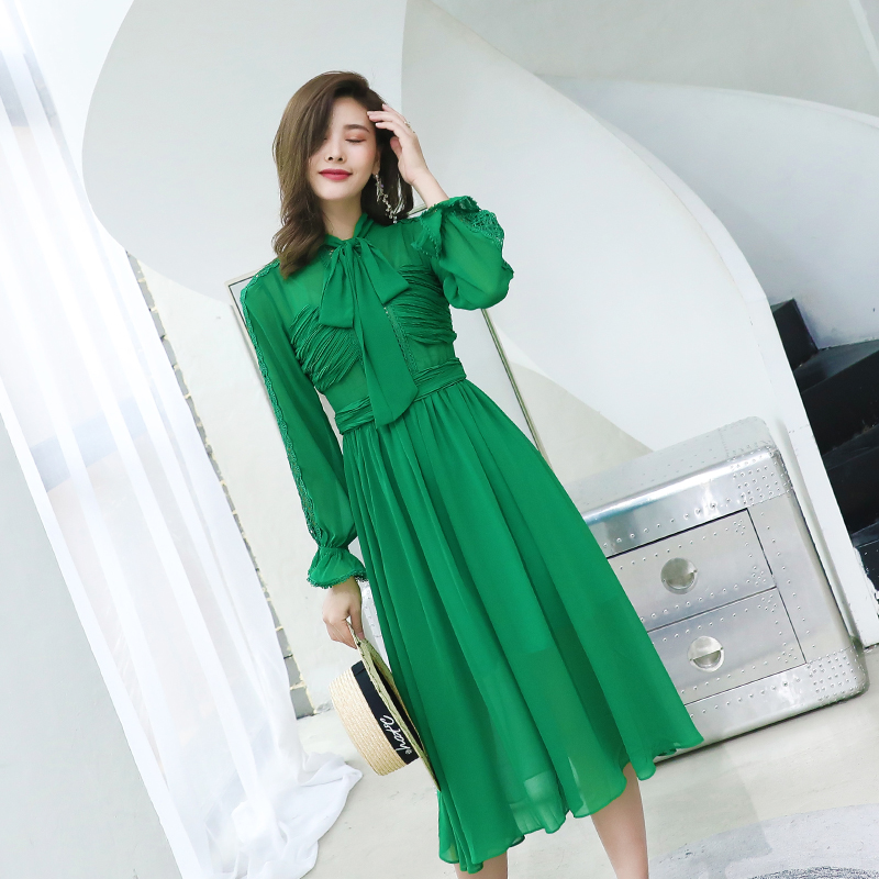 雪紡收腰長袖襯衫連衣裙2018新款秋女復古高腰純色甜美蝴蝶結裙子