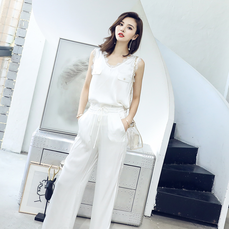 S秀時尚氣質套裝2018夏季新款女裝V領無袖休閑上衣闊腿褲兩件套
