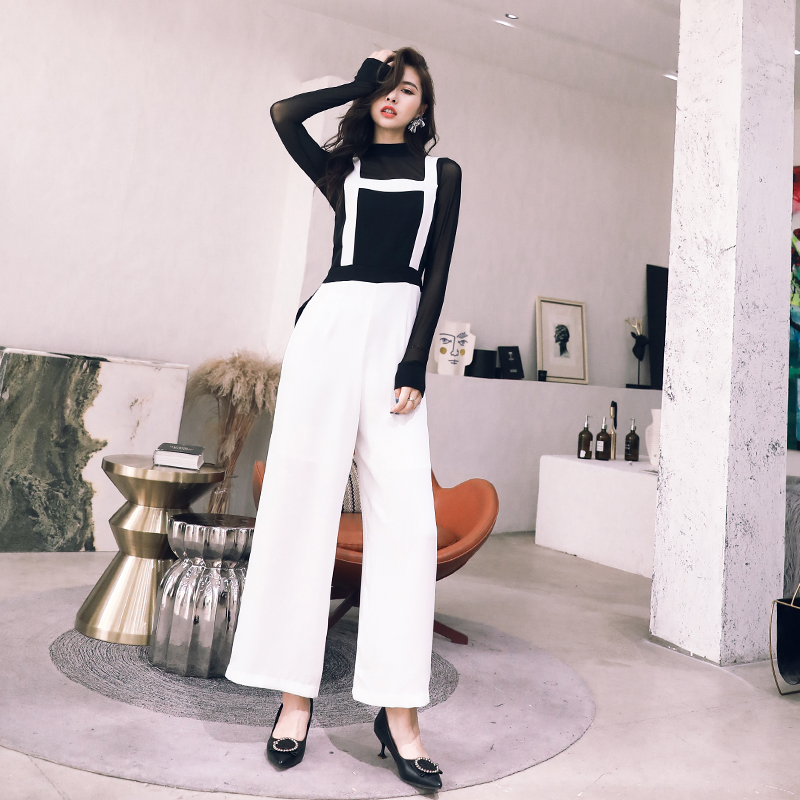 港味秋裝女2018新款t恤長袖上衣女工裝背帶褲闊腿褲兩件時尚套裝