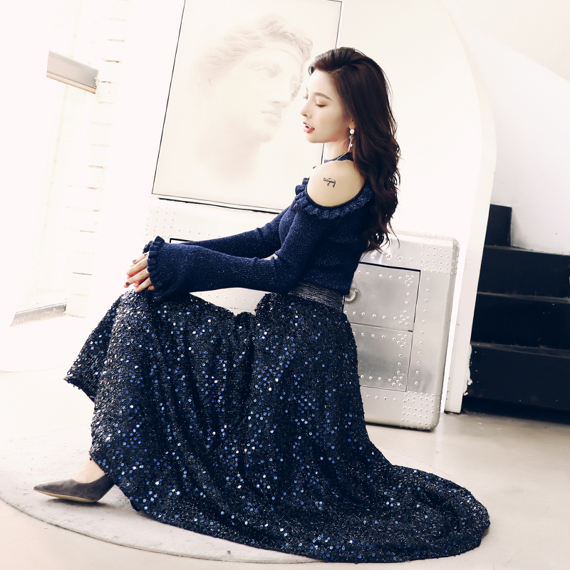 露肩長袖針織衫毛衣半身裙兩件套女2018秋裝新款氣質時尚公主套裝