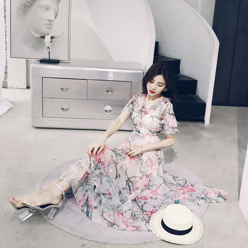 s秀名媛氣質2018夏季新品短袖收腰顯瘦印花女神范碎花長款連衣裙