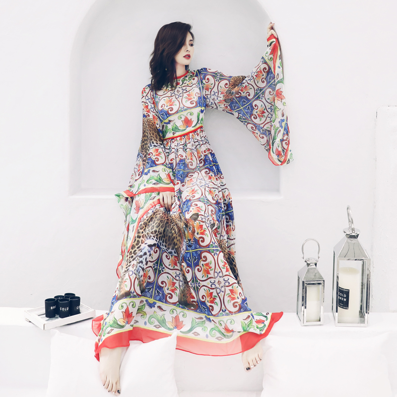 氣質雪紡復古印花溫柔超仙女海邊度假裙子長款連衣裙女夏2018新款