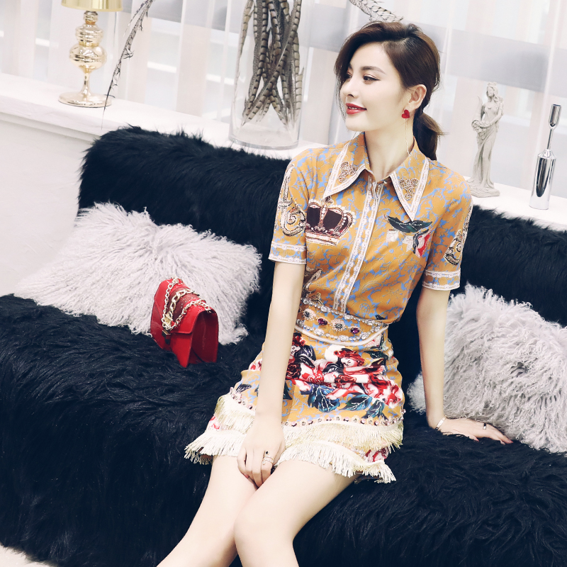 S秀氣質印花上衣釘珠套裝女夏2018新款高腰半裙時尚名媛兩件套潮