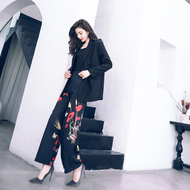 洋氣印花西裝套裝女秋裝2018新款時尚氣質闊腿褲復古港味兩件套