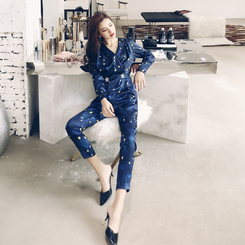 歐洲站名媛氣質2018秋新款女裝V領星星高腰顯瘦小腳褲長袖連體褲